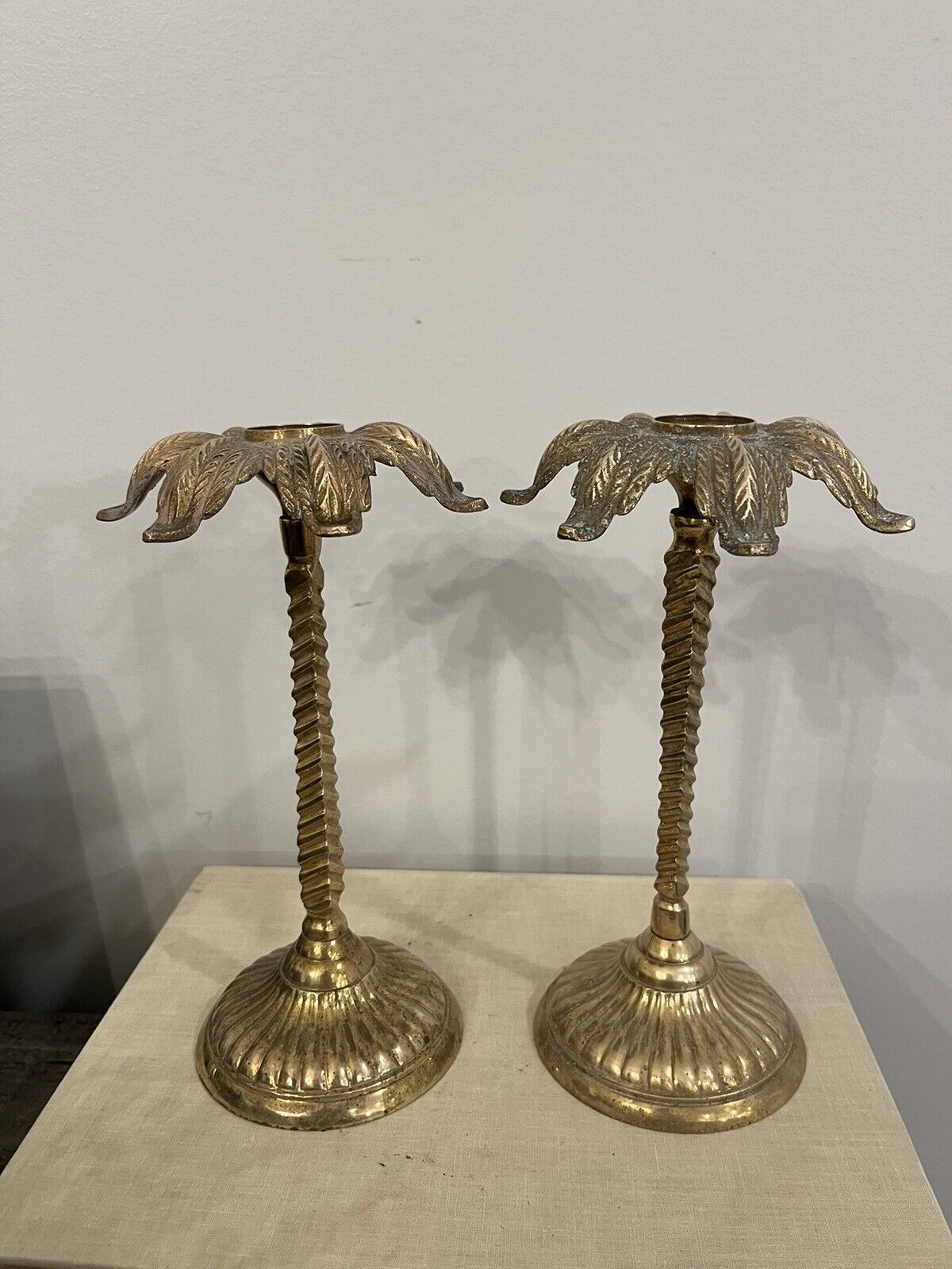 Vintage Pair of 8.5” Tall Solid brass Palm tree taper Candle Holders w/Patina