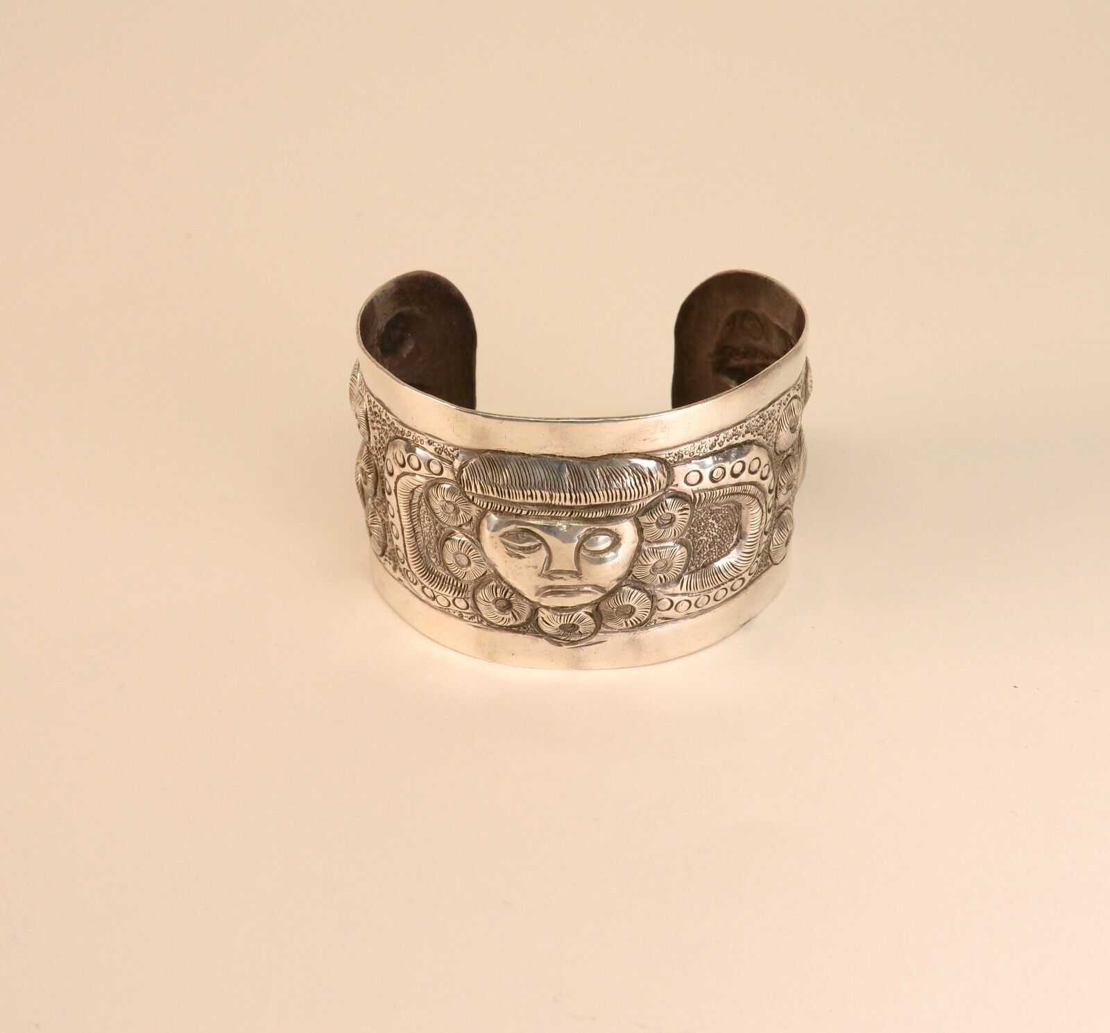 Antique Taxco Jewelry; Large Bracelet Sterling Silver Large Cuff; Mayan Face