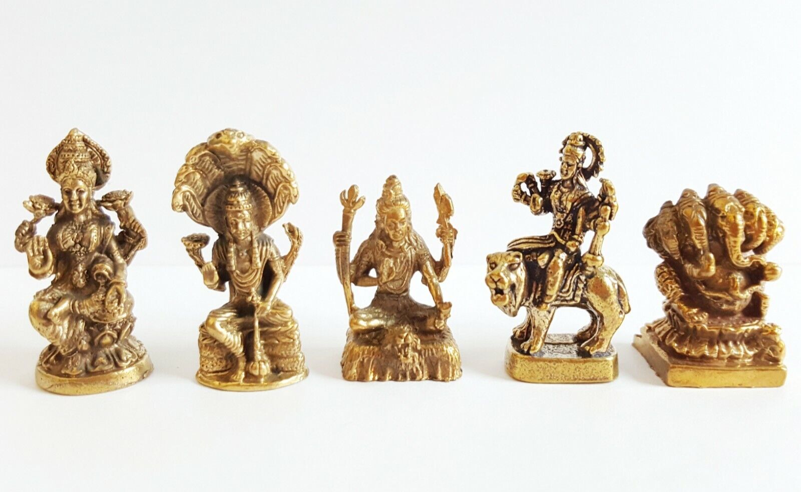 Set 5 Pcs Hindu God Statue Ganesh Parvati Shiva Vishnu Maa Laxmi Gold Brass Mini