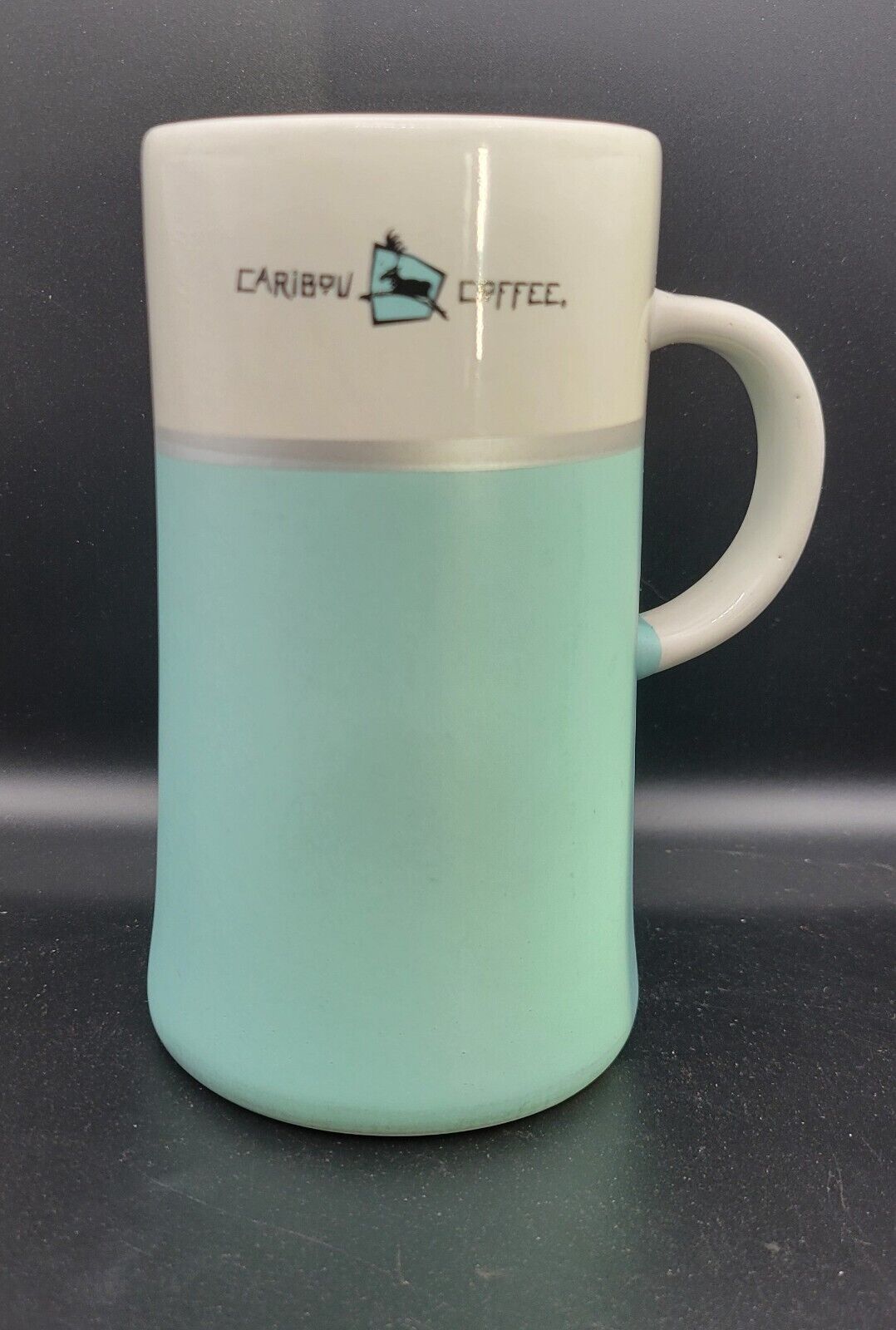Caribou Coffee Retro Cream and Light Green Color Log Mug 16oz with C Handle Tall