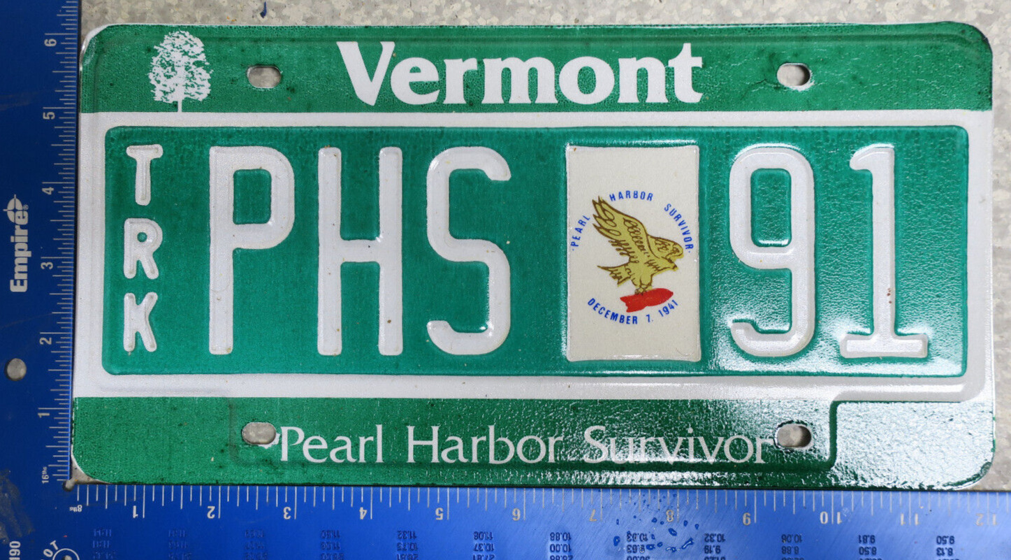 Vermont License Plate Tag Pearl Harbor Survivor Military -Extremely Rare PHS 91