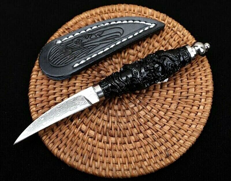 Mini Drop Point Knife Fixed Blade Hunting Survival Damascus Steel Wood Handle S