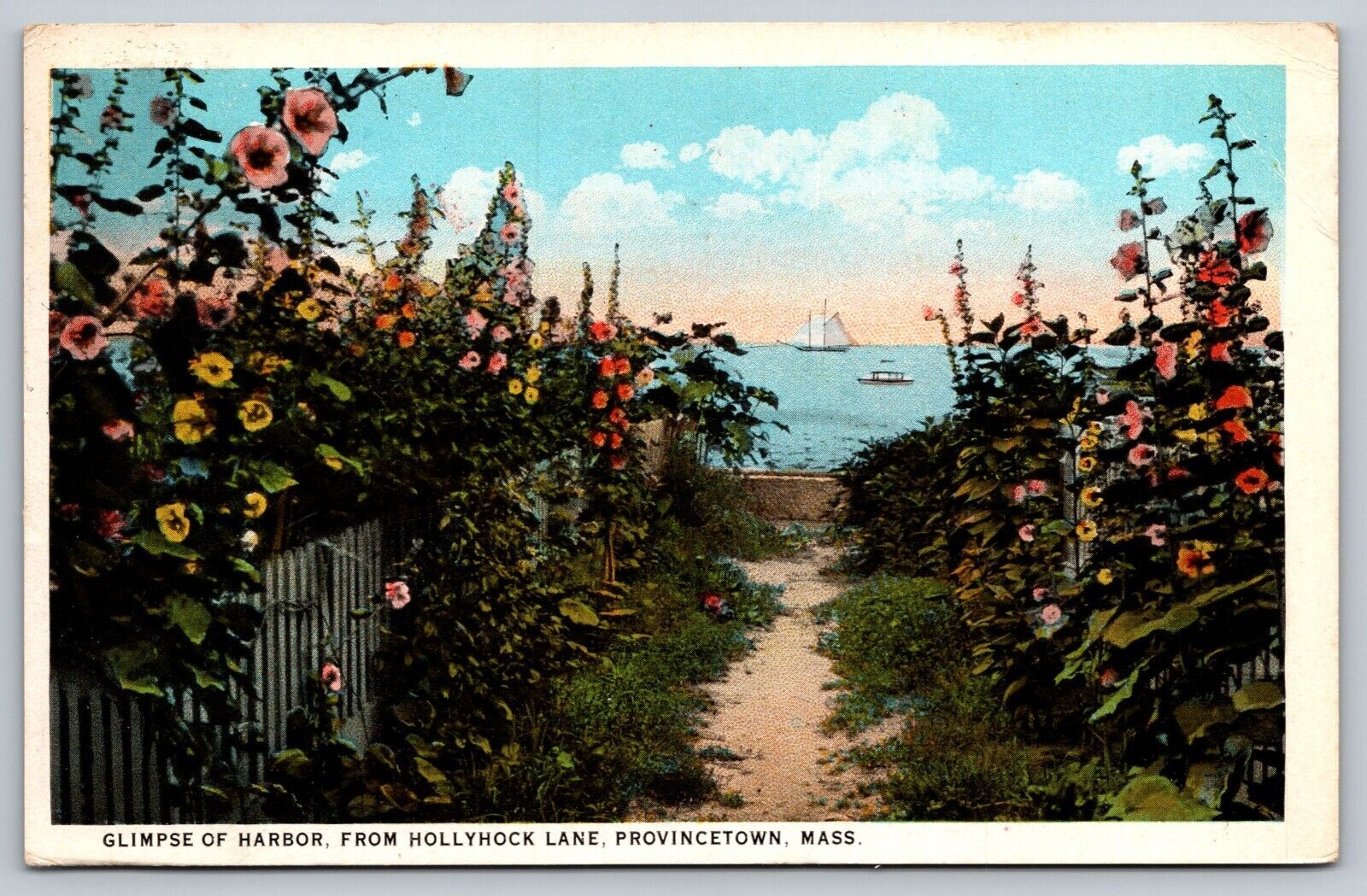 PROVINCETOWN MA - 1932 POSTCARD - HARBOR FROM HOLLYHOCK LANE