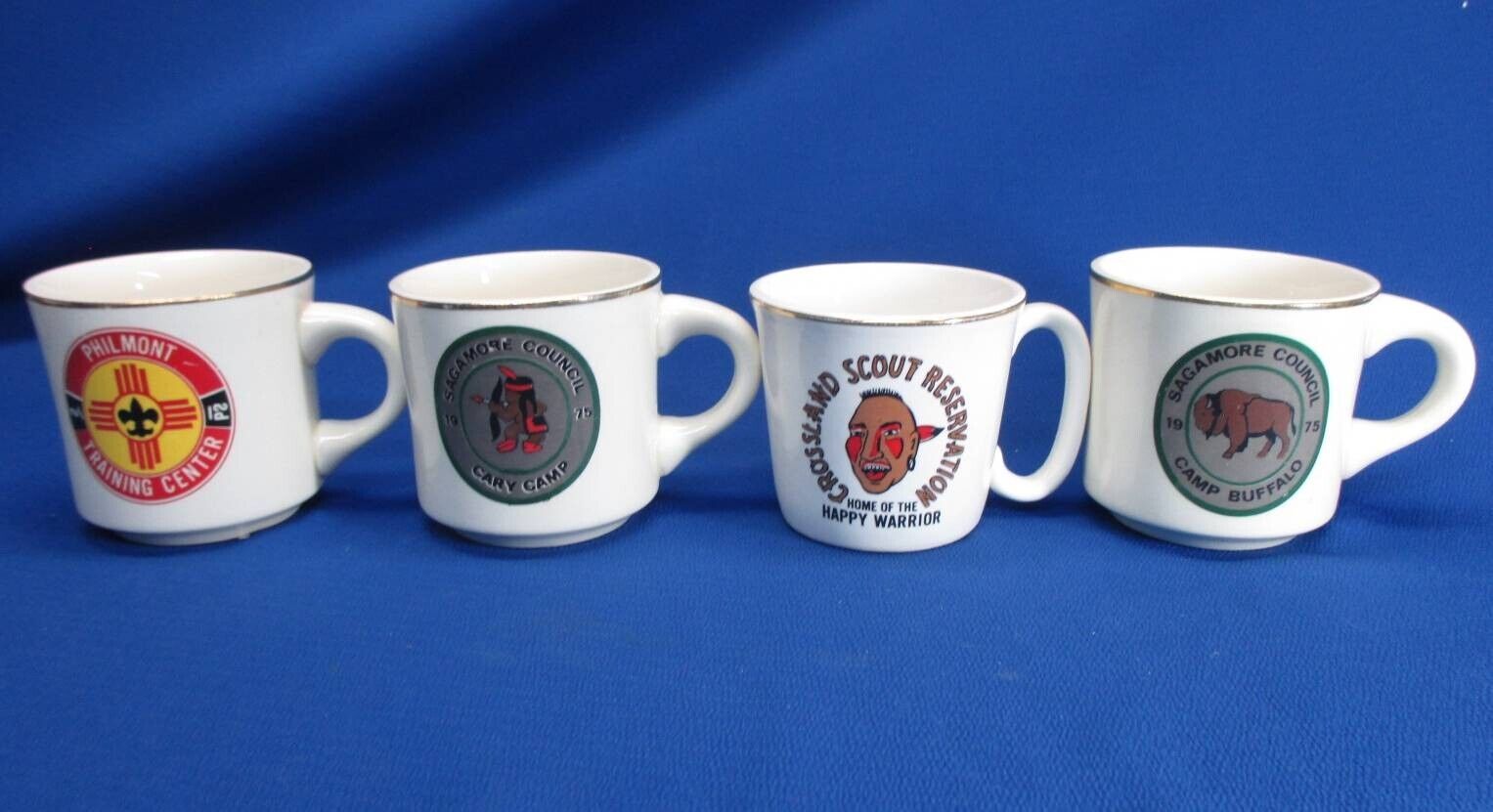 4 DIFFERENT BOY SCOUT CAMP COUNCIL MUGS, SAGAMORE, CARY, CROSSLAND  & PHILMONT