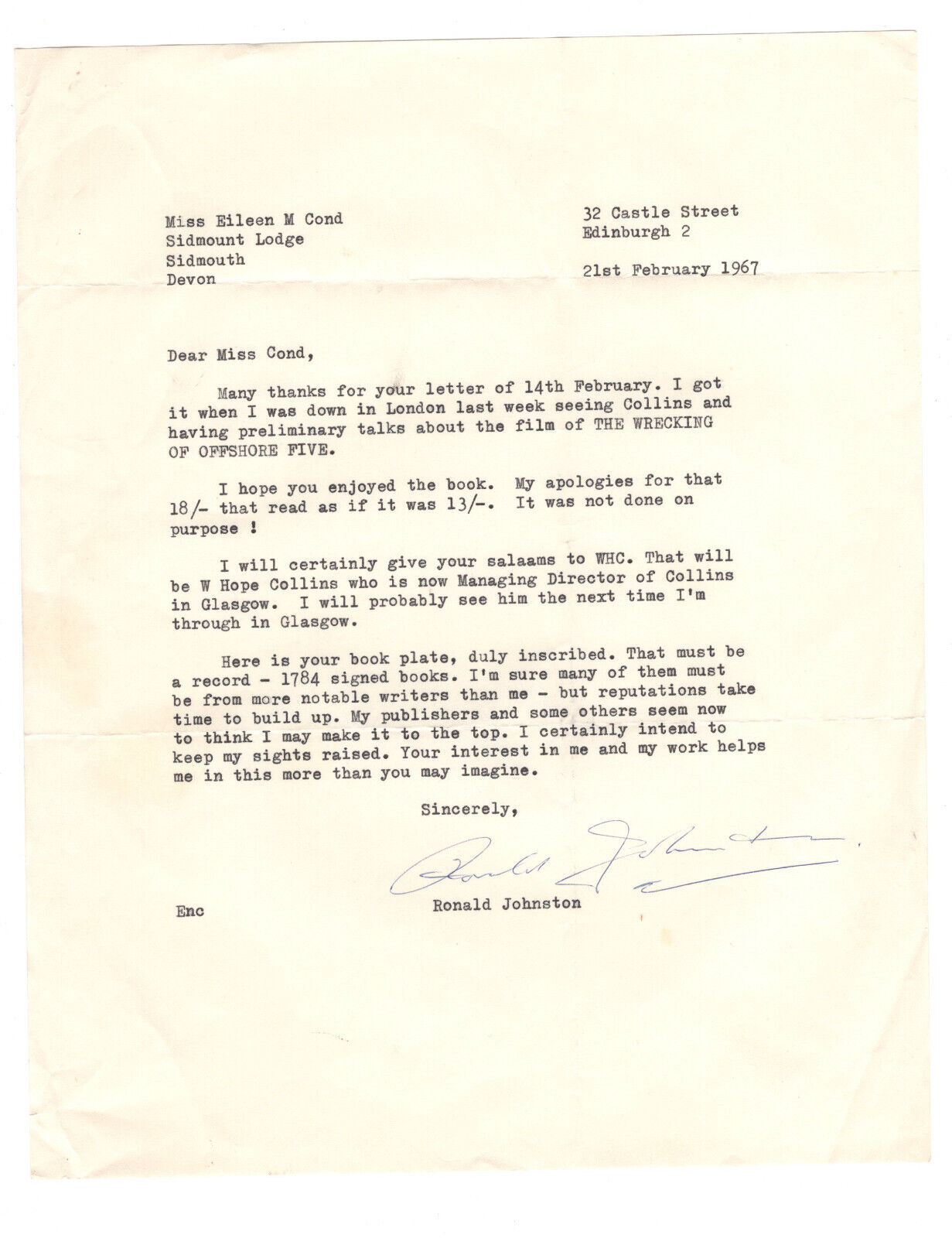 Ronald Johnston Signed Letter 1967 / Autographed Spy Author