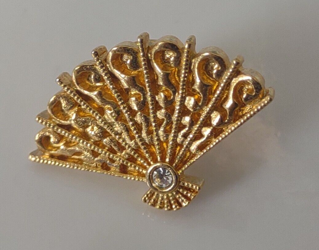 Avon Fan Gold Toned Faux Crystal Rhinestone Lapel Pin