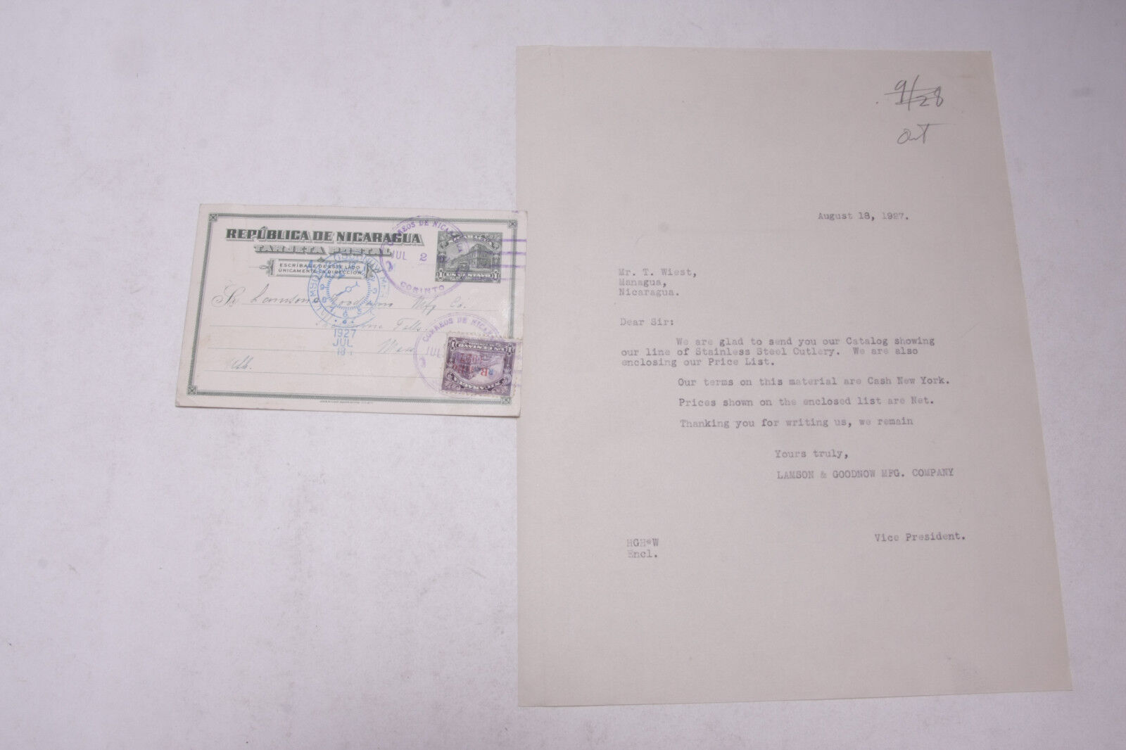 1927 Lamson Goodnow T Wiest Managua Nicarague Post Card Stamps Ephemera P330H