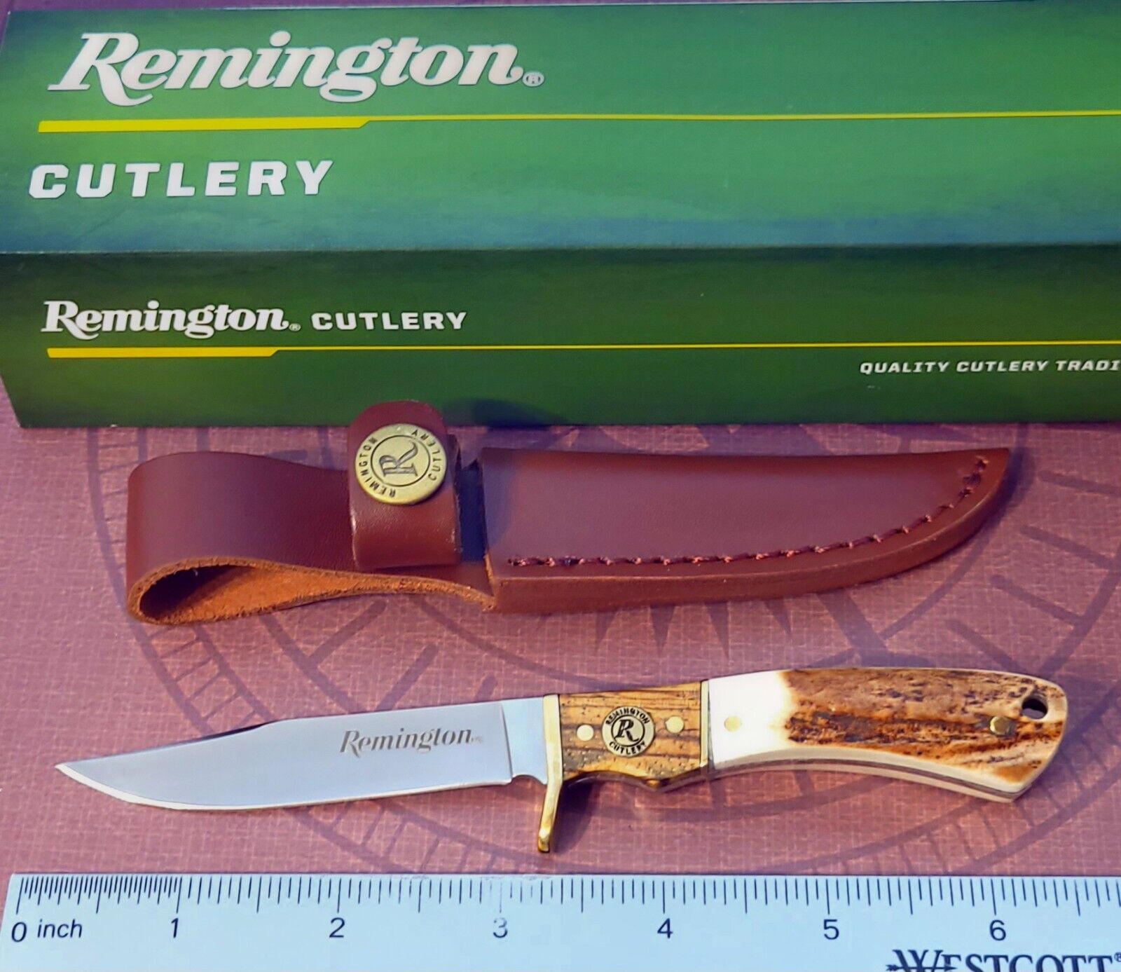 REMINGTON CUTLERY Knife With Leather Sheath GUIDE JR SKINNER BRASS Guard NIB
