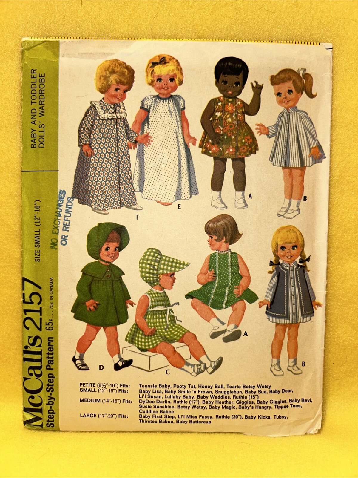 Vintage McCall’s 2157 Pattern Baby &Toddler Dolls\' Wardrobe 1969 Small 12”-16”