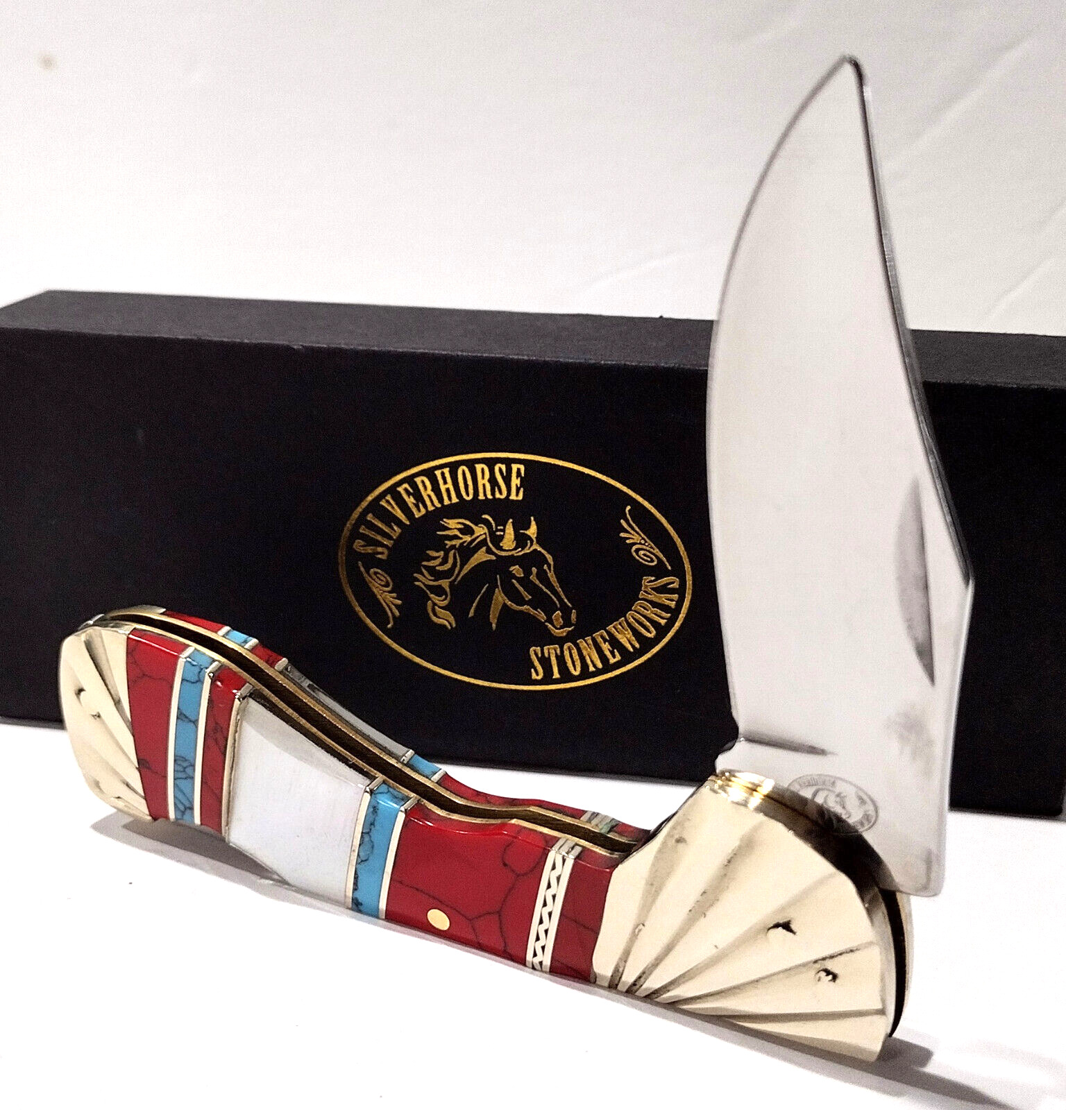 Frost Cutlery Genuine White Mother Of Pearl Red Turquoise Folding Pocket Knife
