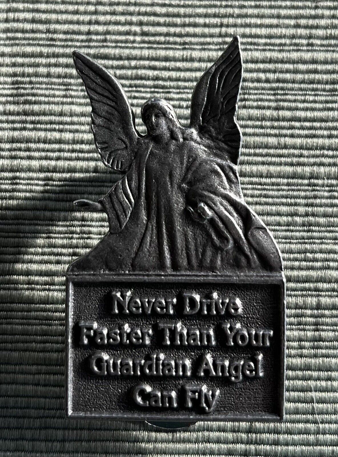 Pewter Car Visor Clip 2.5 Inch Never Drive Faster Than Your Guardian Angel CAMCO