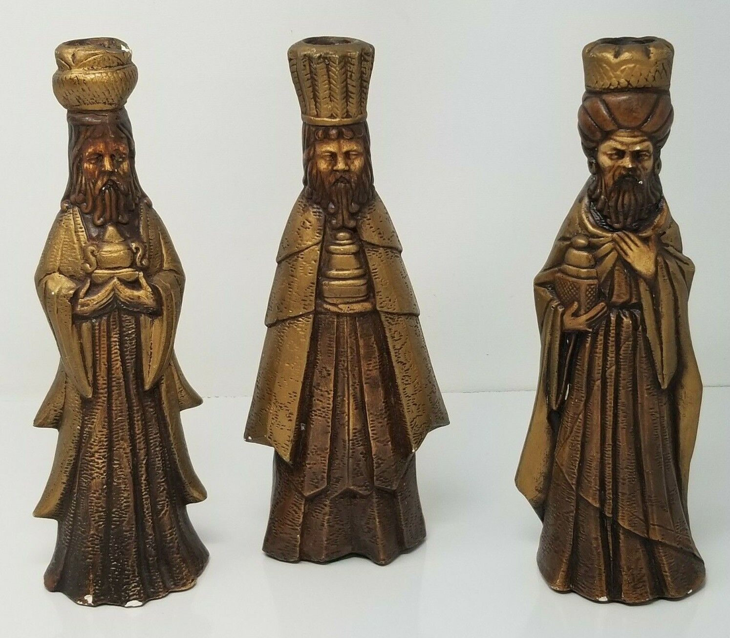 3 Wise Men Candle Holders Imperfect 1975 Bronze Color Chalkware Vintage