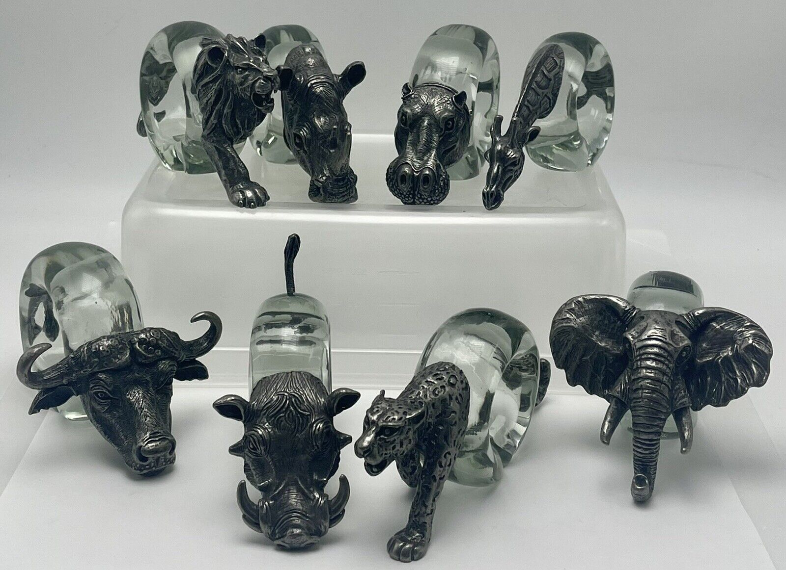 Makoulpa Pewter Glass African Safari Zoo Animals Napkin Ring Holders Set of 8