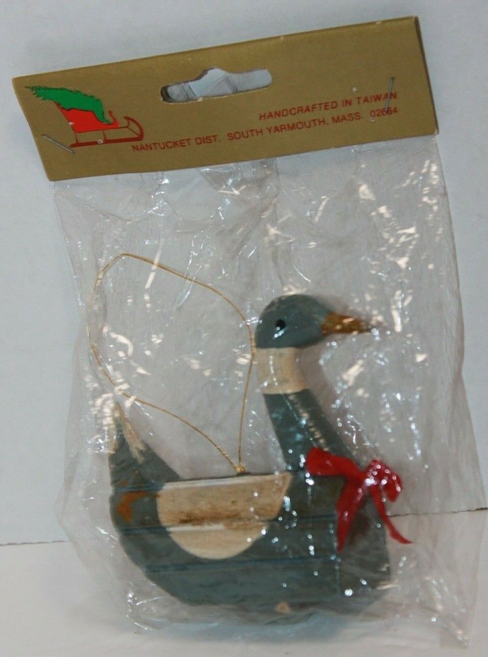 Vintage Blue Wooden Goose Decoy Christmas Ornament Taiwan NIP