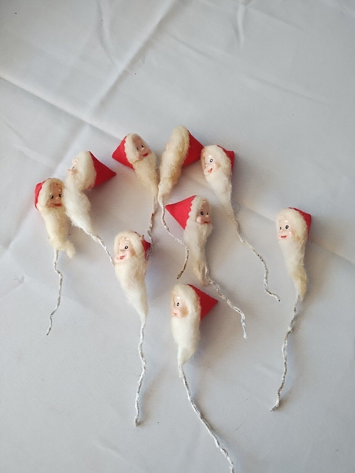 Vtg Lot Of 9 Christmas Spun Cotton Chenille Pipe Cleaner Tie Ons Snowman/Santa