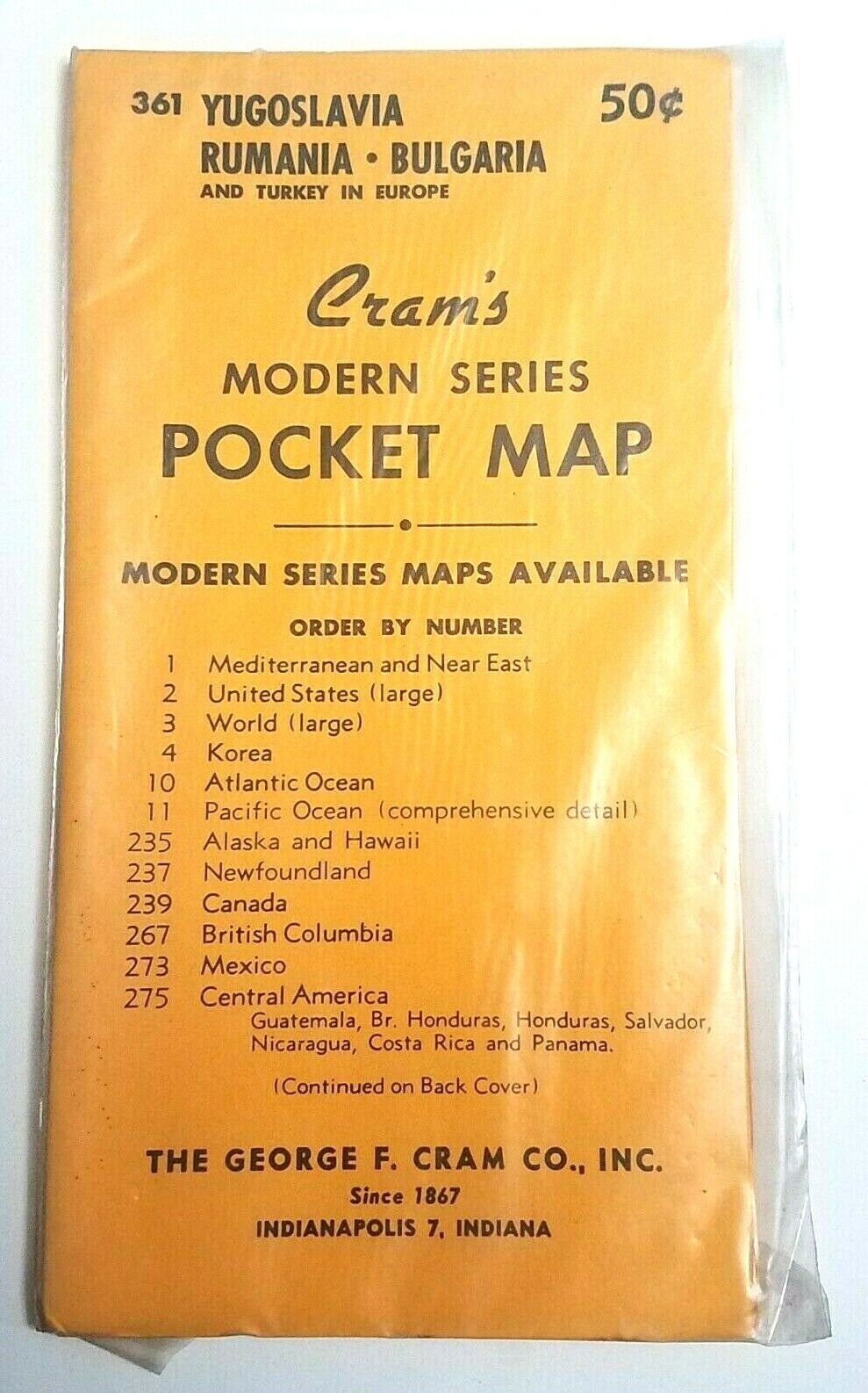 NOS Sealed 1950s Cram\'s Modern Series Pocket Map Yugoslavia Rumania Bulgaria 361