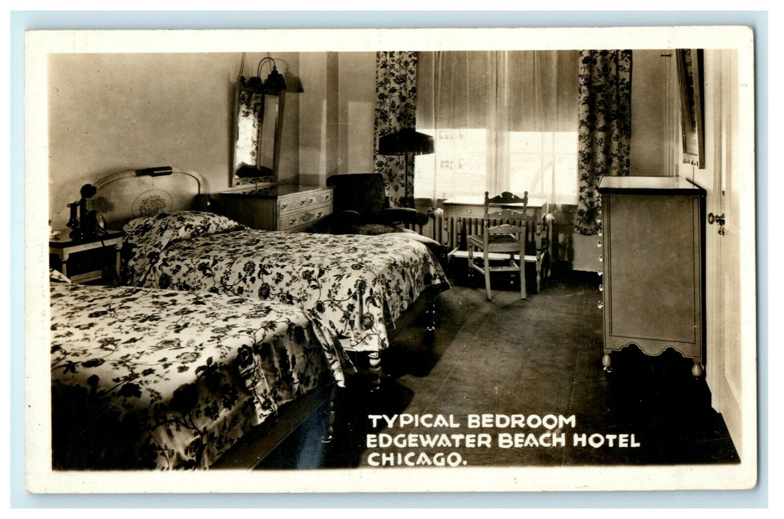 c1940\'s Bedroom Edgewater Beach Hotel Chicago Illinois IL RPPC Photo Postcard
