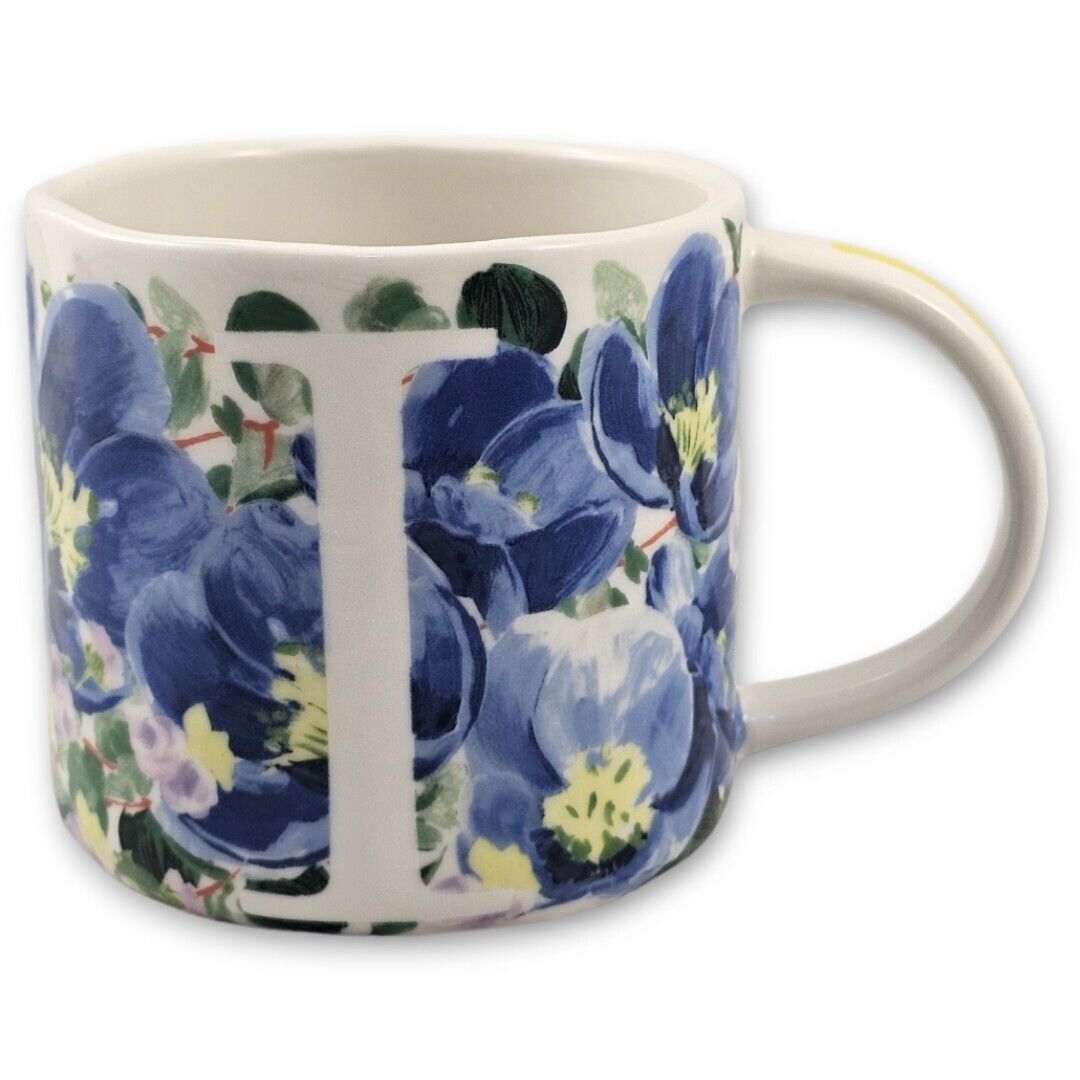 Anthropologie Letter I Coffee Mug White Blue 12 Oz Ceramic Cup Floral Flowers