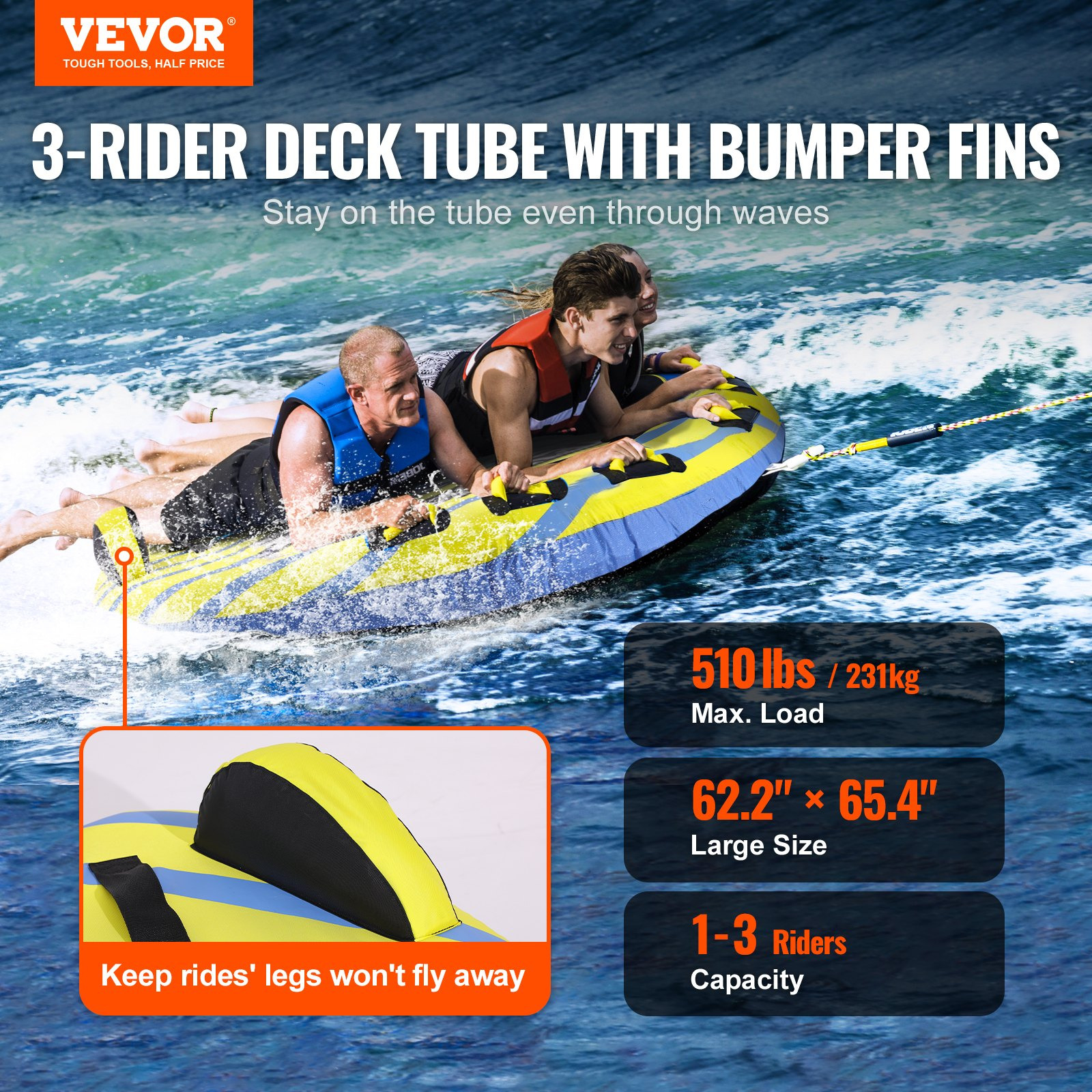 VEVOR Towable Tube for Boating, 1-3 Riders Inflatable Towable Tube with Bumper F
