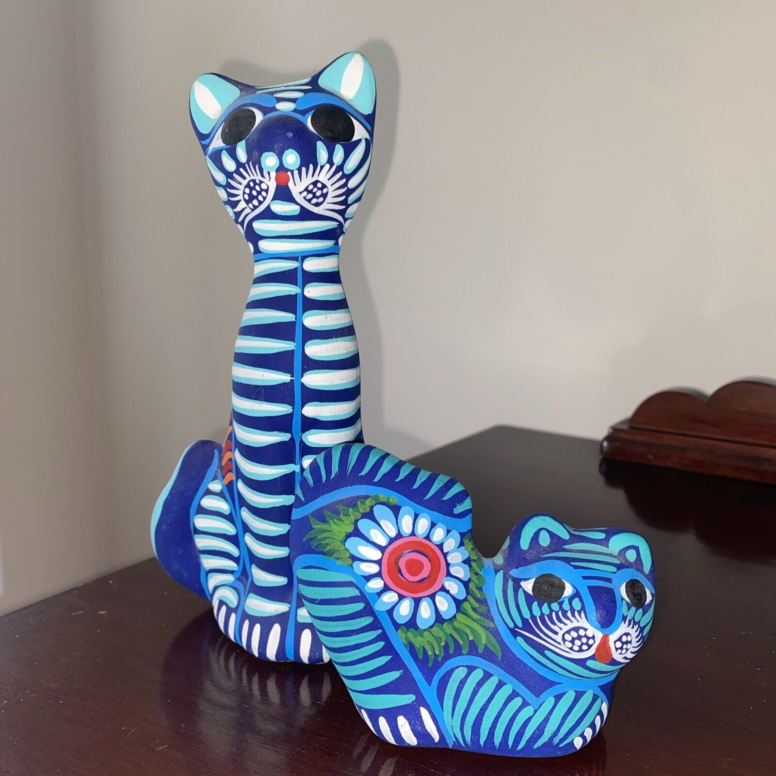 Mexican Clay Pottery Cat Hand Painted Figurines