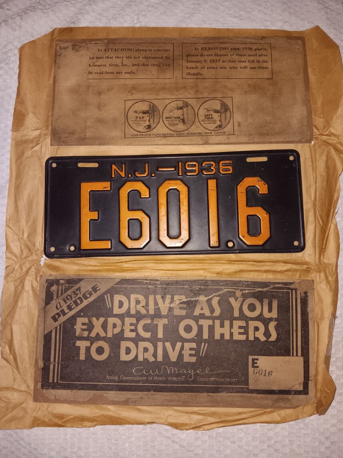 1936 New Jersey License Plate Antique  Collectable Original Packaging Rare Tag