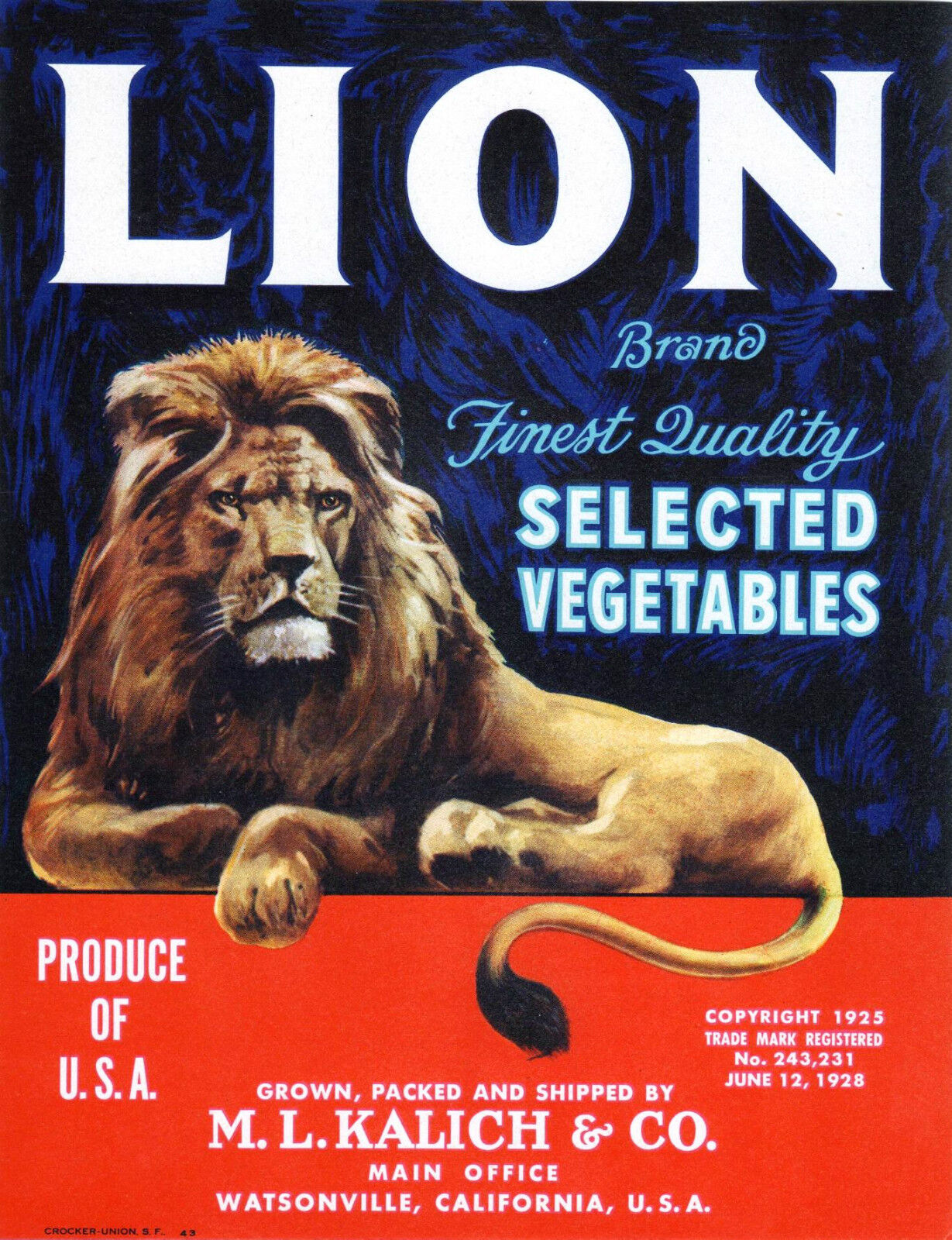 *Original* LION Jungle King Majestic Cat Vegetable Crate Label NOT A COPY