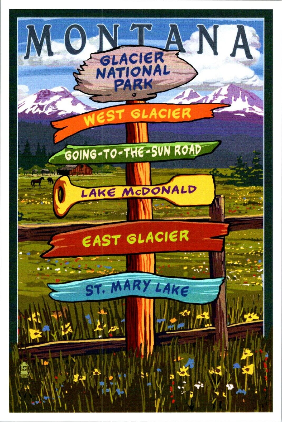 Glacier National Park Montana Destination Signpost Lantern Press postcard