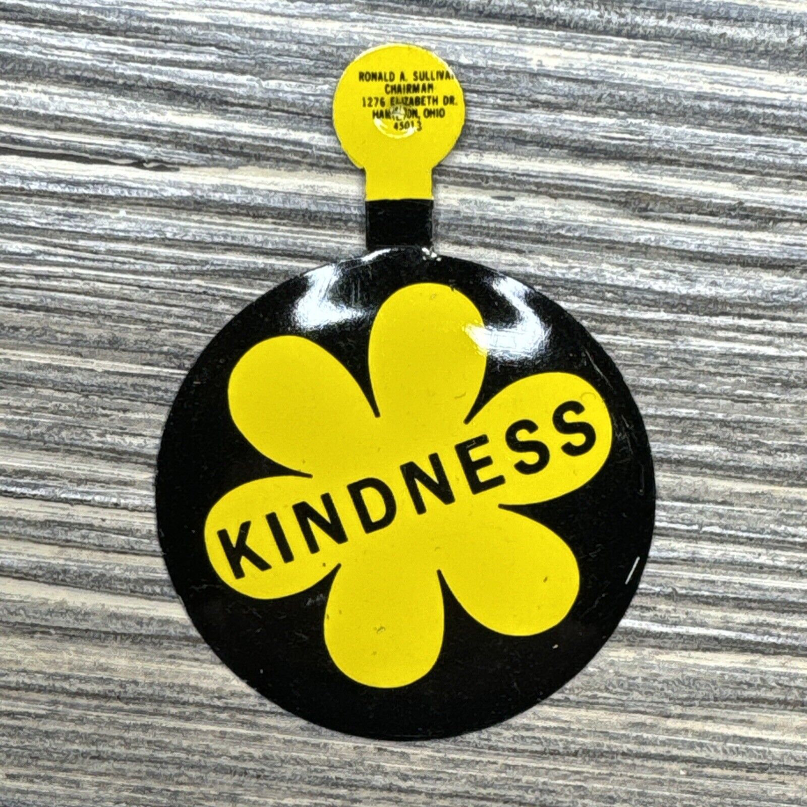 Vintage Round Button Tab Pin Black Yellow ‘Kindness‘ 1.5”