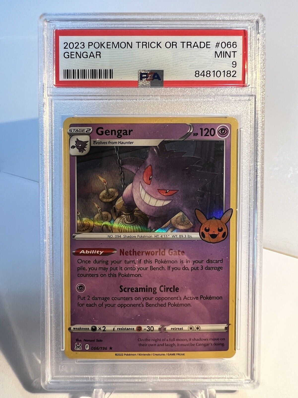 PSA 9 Graded Pokemon Gengar 066/196 2023 Trick or Trade Halloween Rare Promo