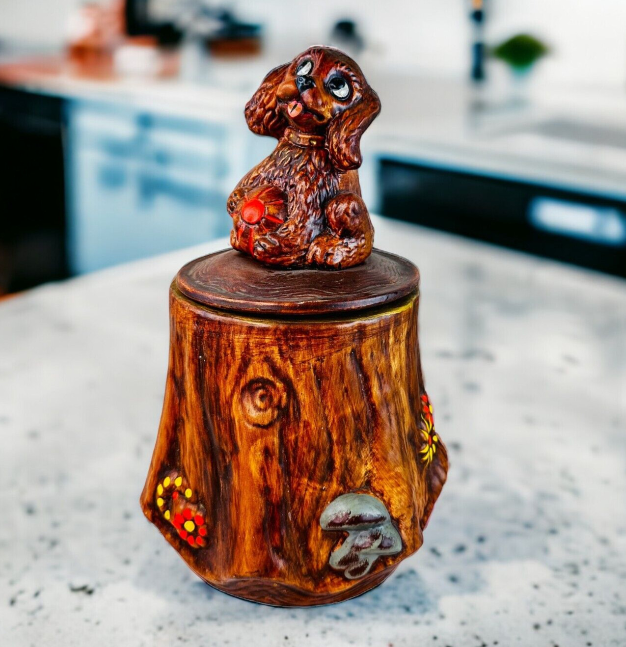VTG California Originals Dog on Tree Stump Cookie Jar ceramic
