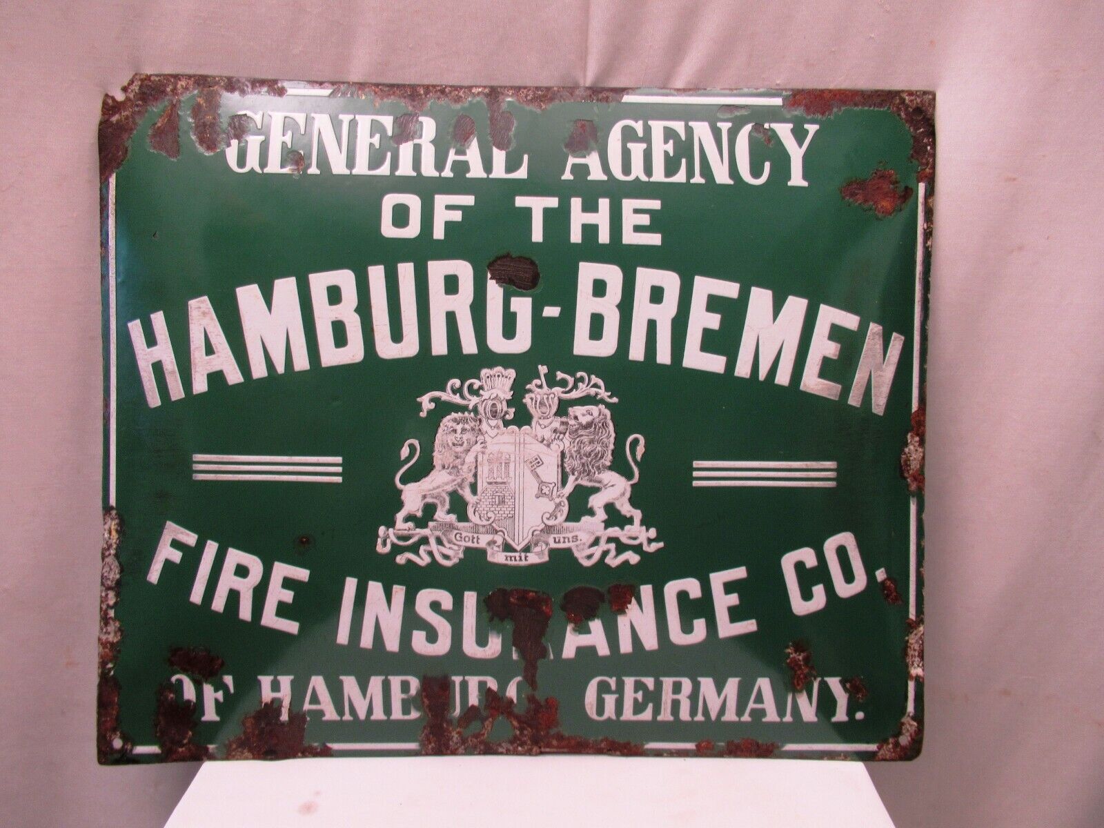 Vintage Porcelain Enamel Sign Hamburg-Bremen Fire Insurance Co Gott Mit Uns Rare