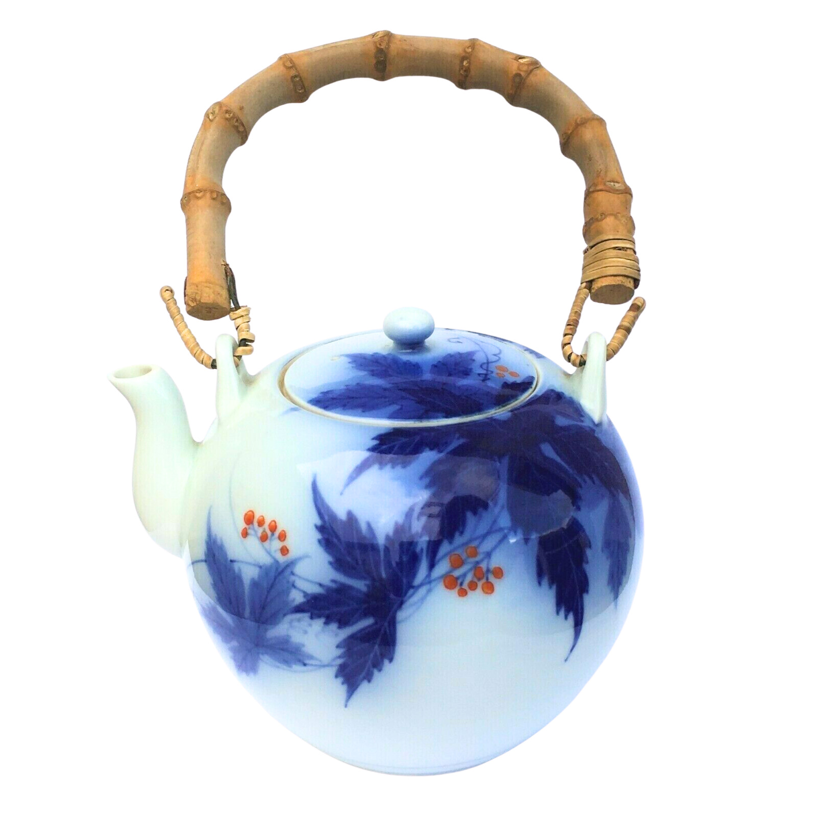 Late 19th c. Imari Porcelain Teapot with Fukagawa Orchid Mark & Bamboo Handle 