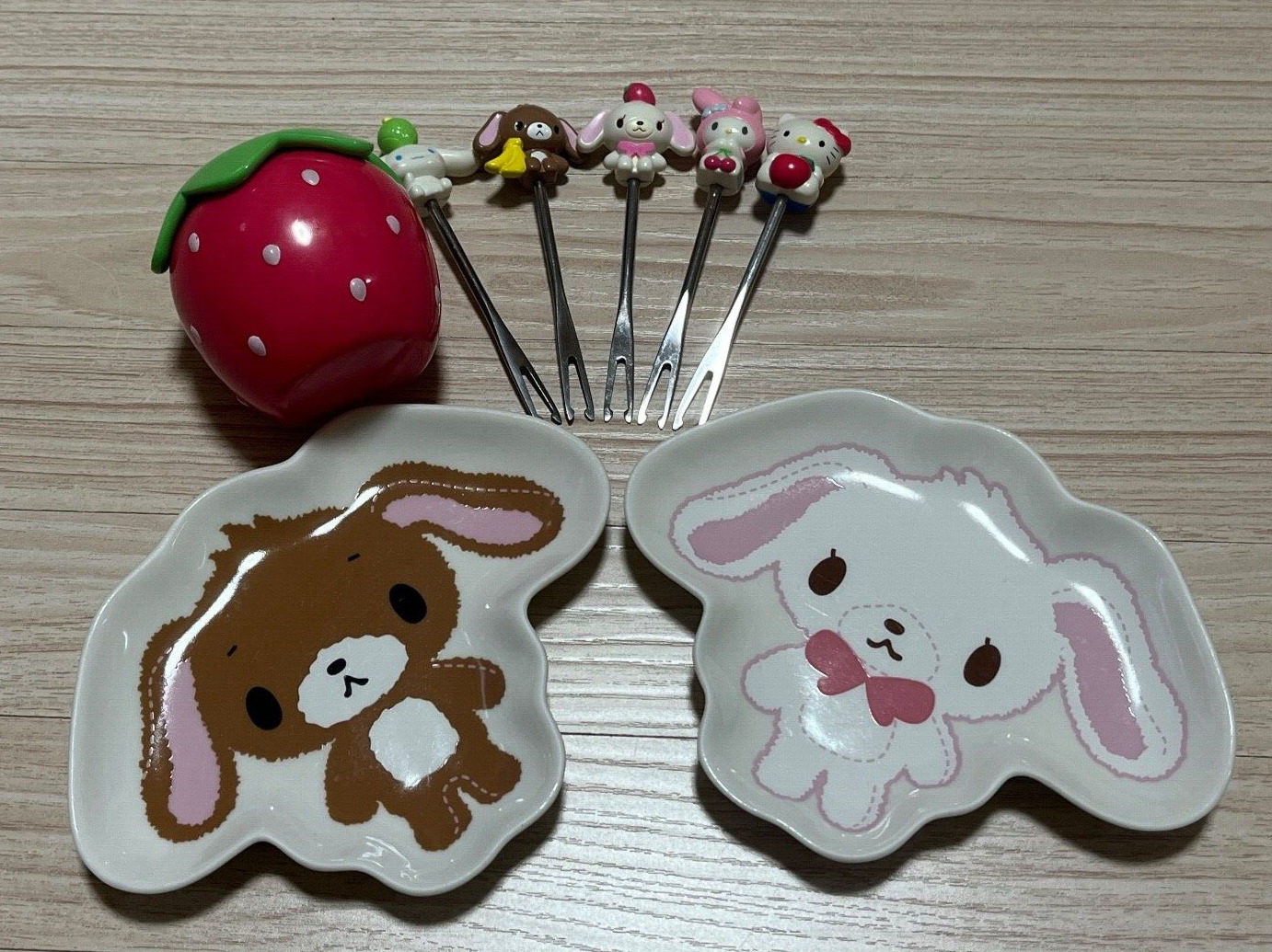 Vintage Sugarbunnies Small Dish Set & Sanrio Characters Fruit Picks Set of 5