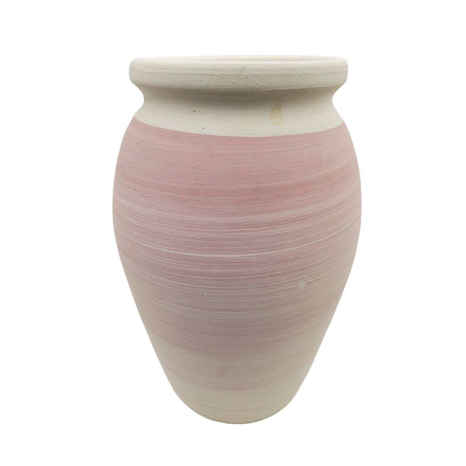vintage terra cotta hand turned pink/white heavy vase.