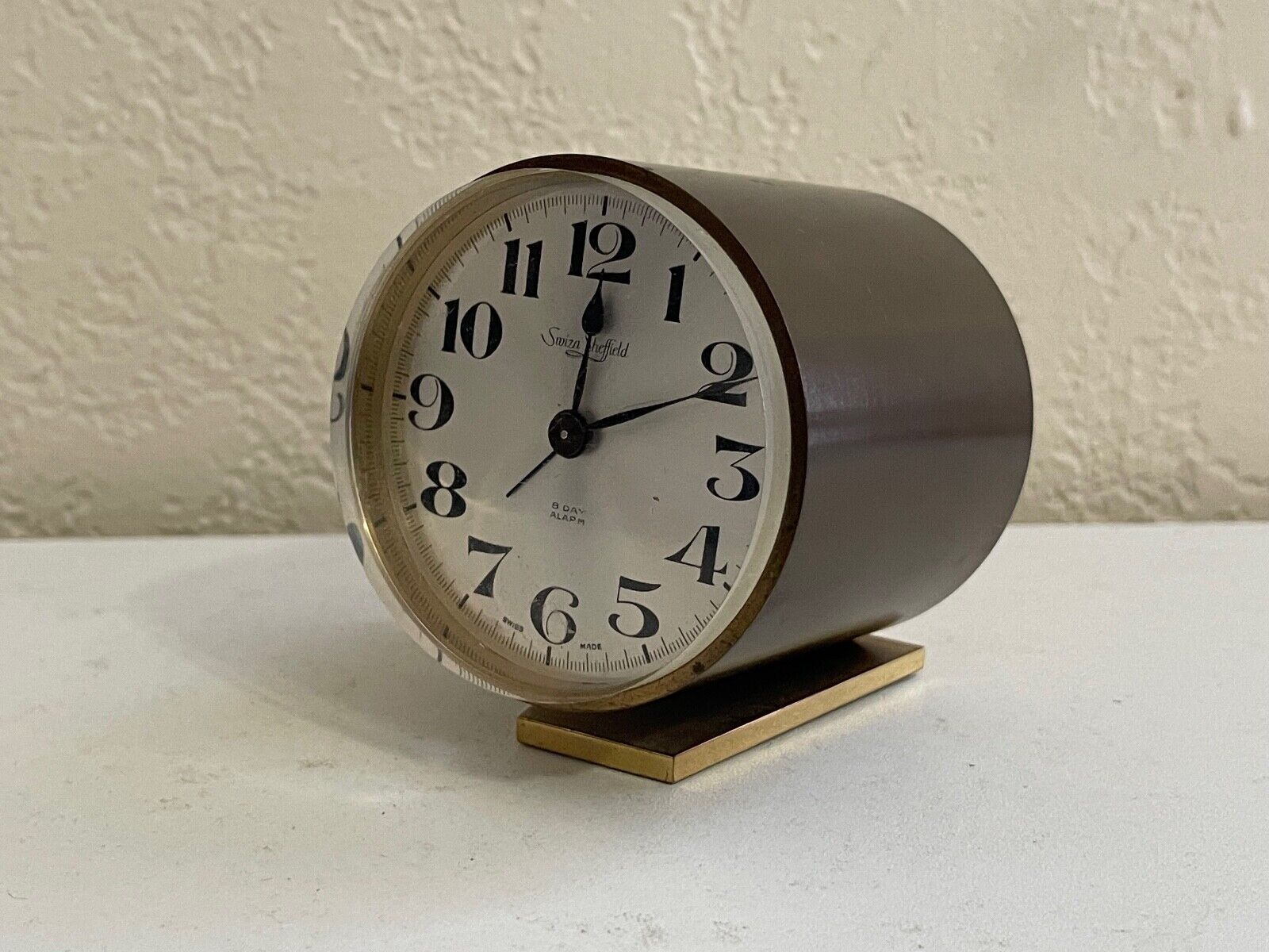 Vintage Swiza Sheffield 8 Day Alarm Clock Brass Barrel Made in Switzerland