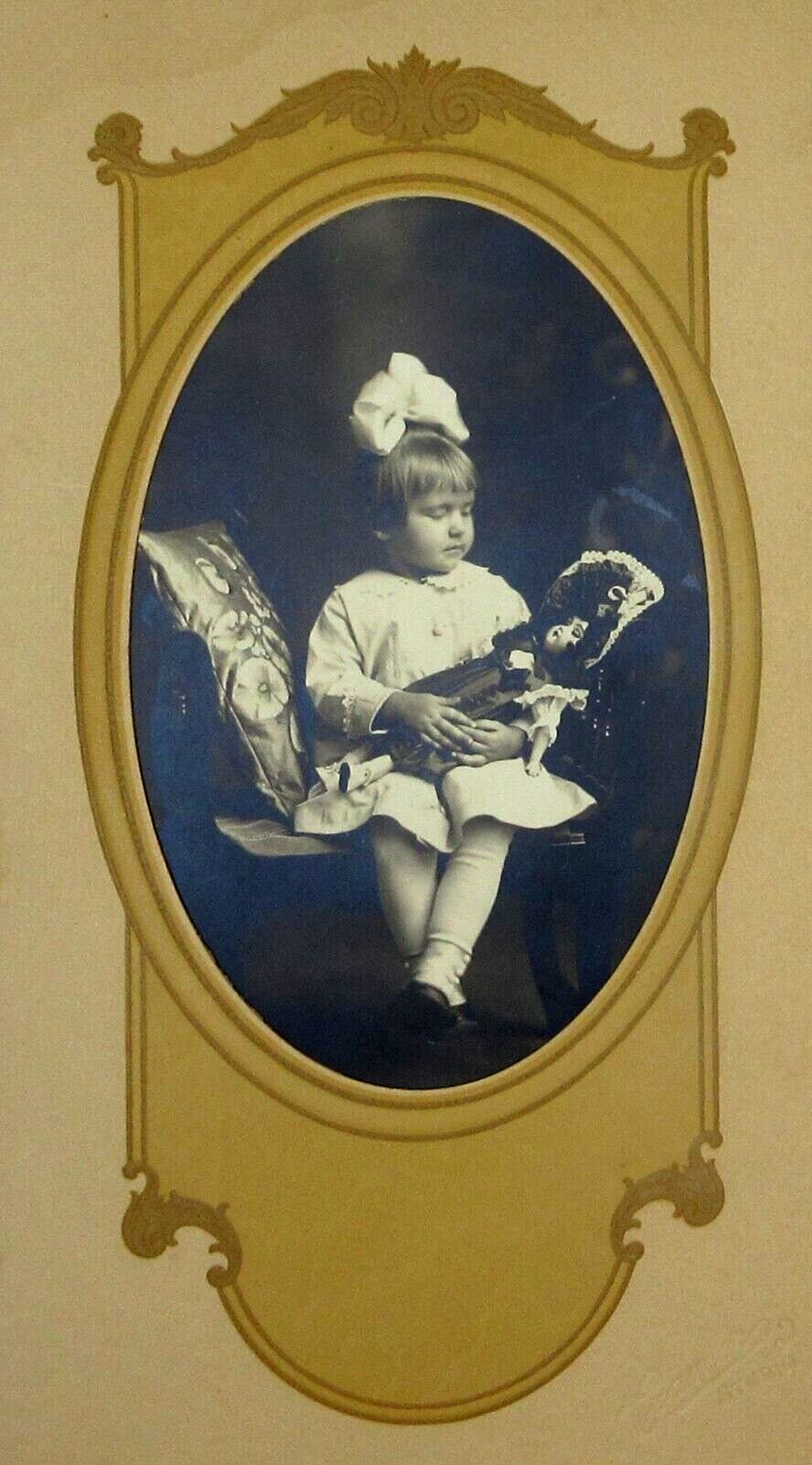 Antique Cute Girl Porcelain Doll Cabinet Photo Bonnet Curly Hair 1900s
