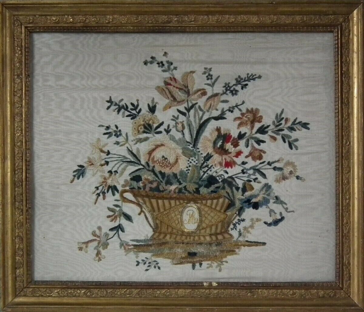 Early 19thC French Flowers in Basket Embroidery