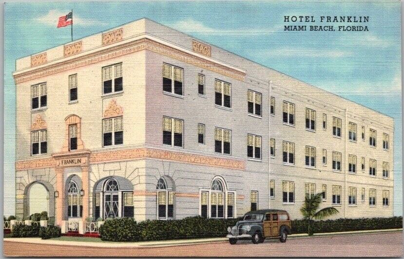 1947 MIAMI BEACH, Florida LINEN Postcard HOTEL FRANKLIN Street View / Ad on Back