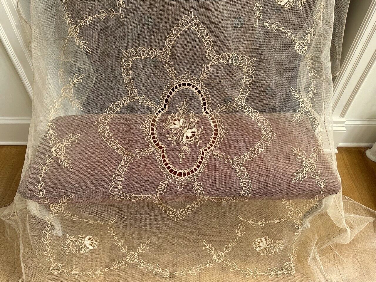 Antique Vintage Lace Bedspread- HANDMADE SWISS TAMBOUR NET LACE BEDSPREAD PANEL