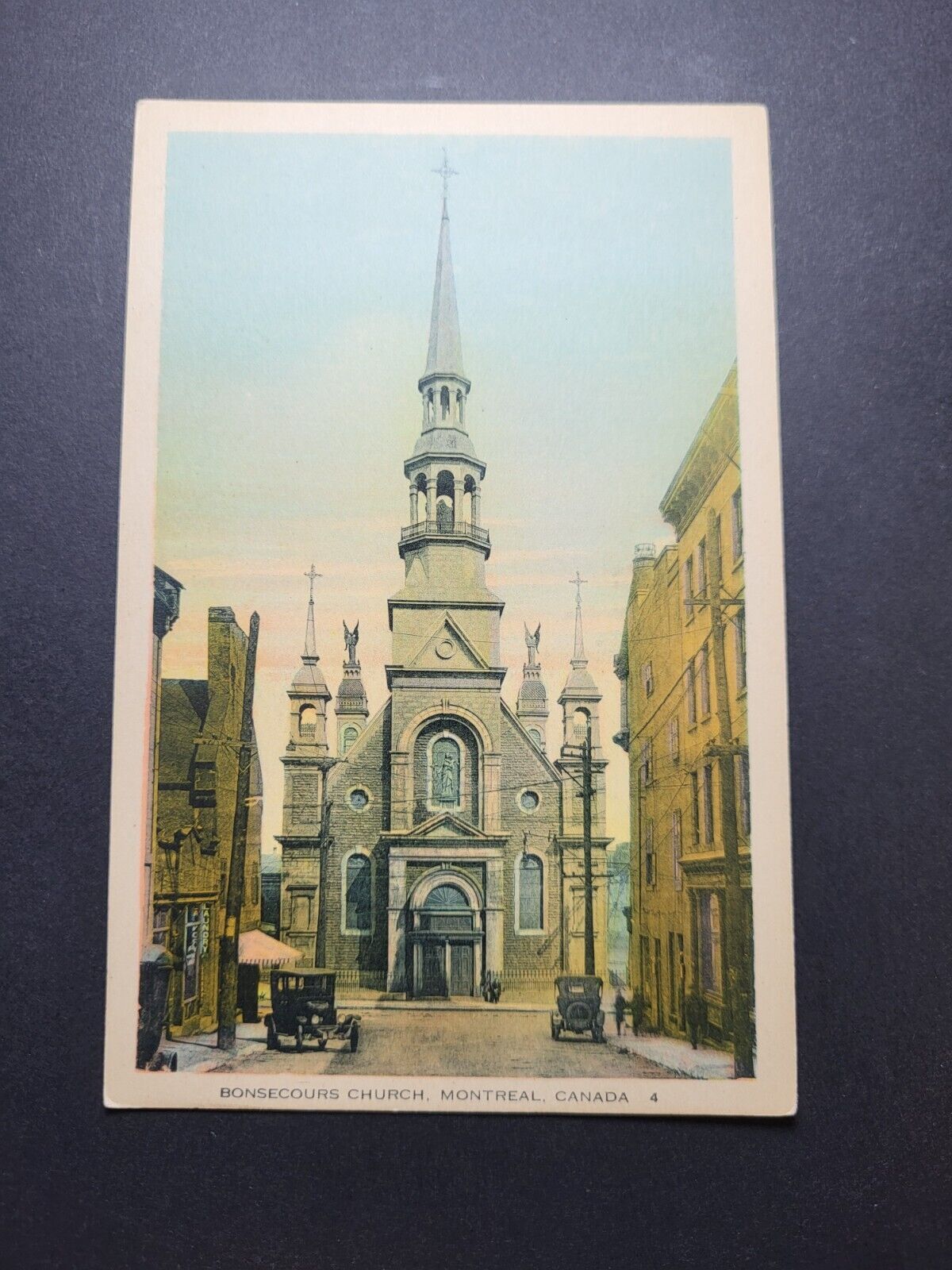 Montreal Canada Postcard Bonsecours Church Vintage Cars Parked on The Street