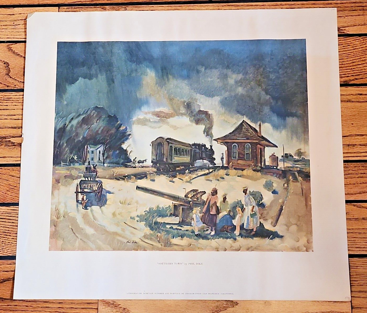 Rare 1946 Lithograph - Colorful Black Americana SOUTHERN TOWN by PHIL DIKE 20x16
