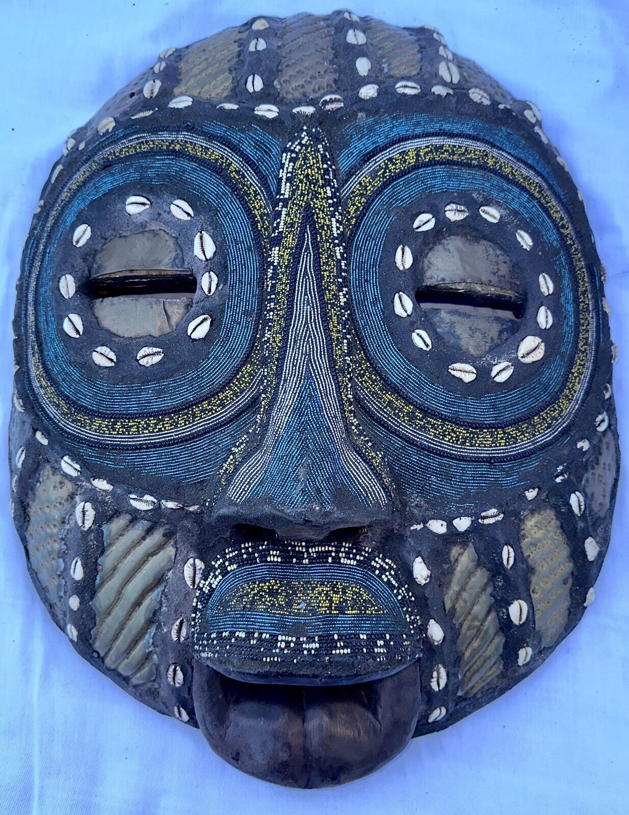 Vintage Very Large African Hand Carved Wood Decorative Tribal Mask Brass, Beads