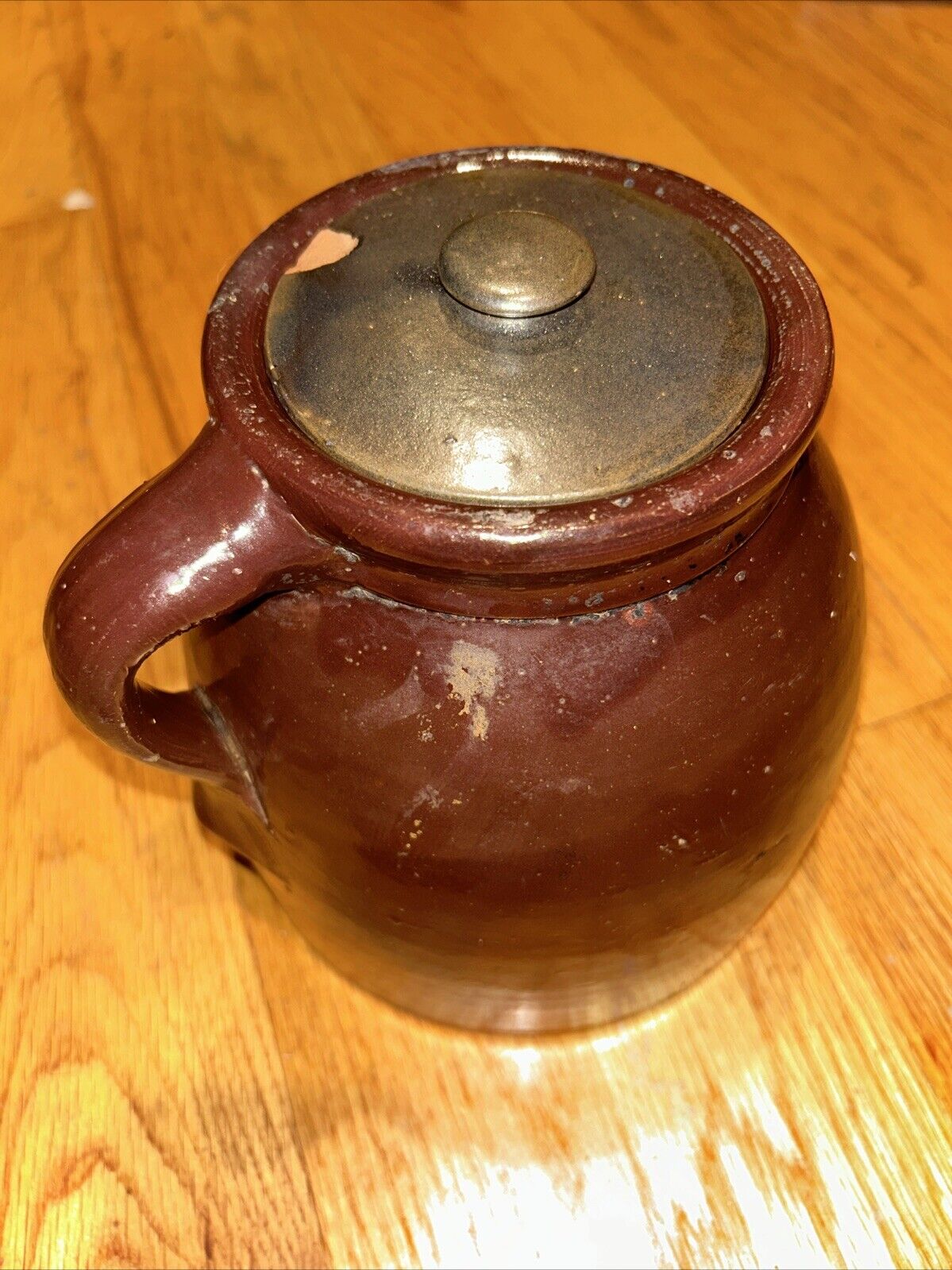Antique Brown Stoneware Bean Pot With Lid 1 Handle 