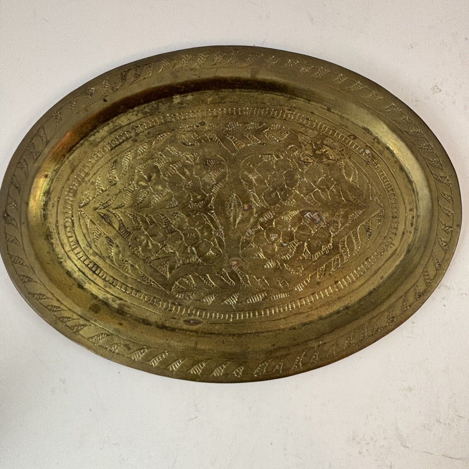 Oval Brass Tray Engraved Floral Detail 8 Inch Some Wear No Marks