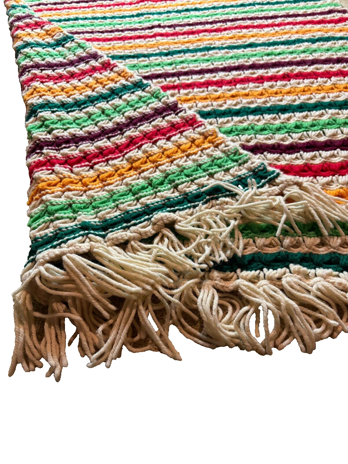 Granny Knit Handmade Crochet Afghan Blanket Throw Vintage Rainbow Stripe 48x40