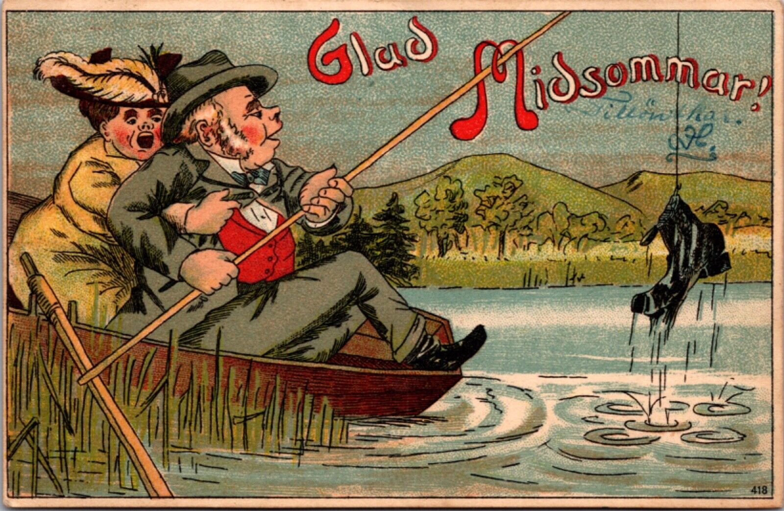 Swedish Comic Postcard Glad Midsommar  Happy Midsummer Fishing Catches Boot