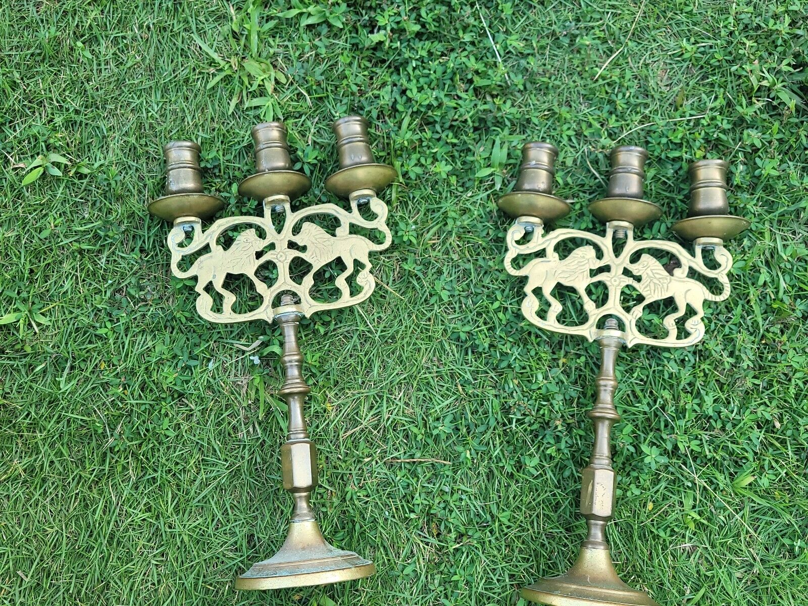 2 Vintage Solid Brass Candle Holders Lions  Candelabras 