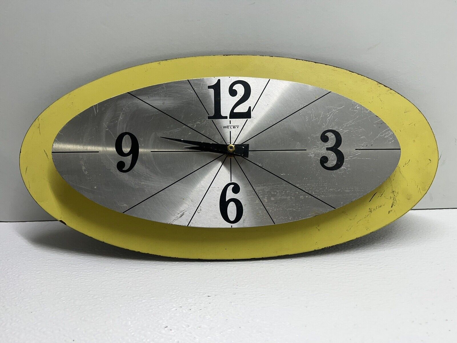 Vintage Welby Clock Mid Century Modern Oval Yellow Wall Elgin Movement