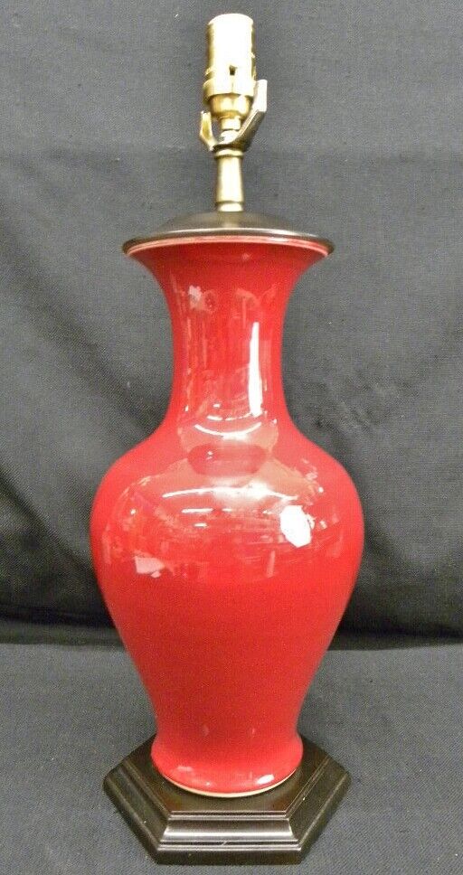 Vintage Accent Asian Oxblood Sang de Boeuf Porcelain Vase Table Lamp; Wood Base