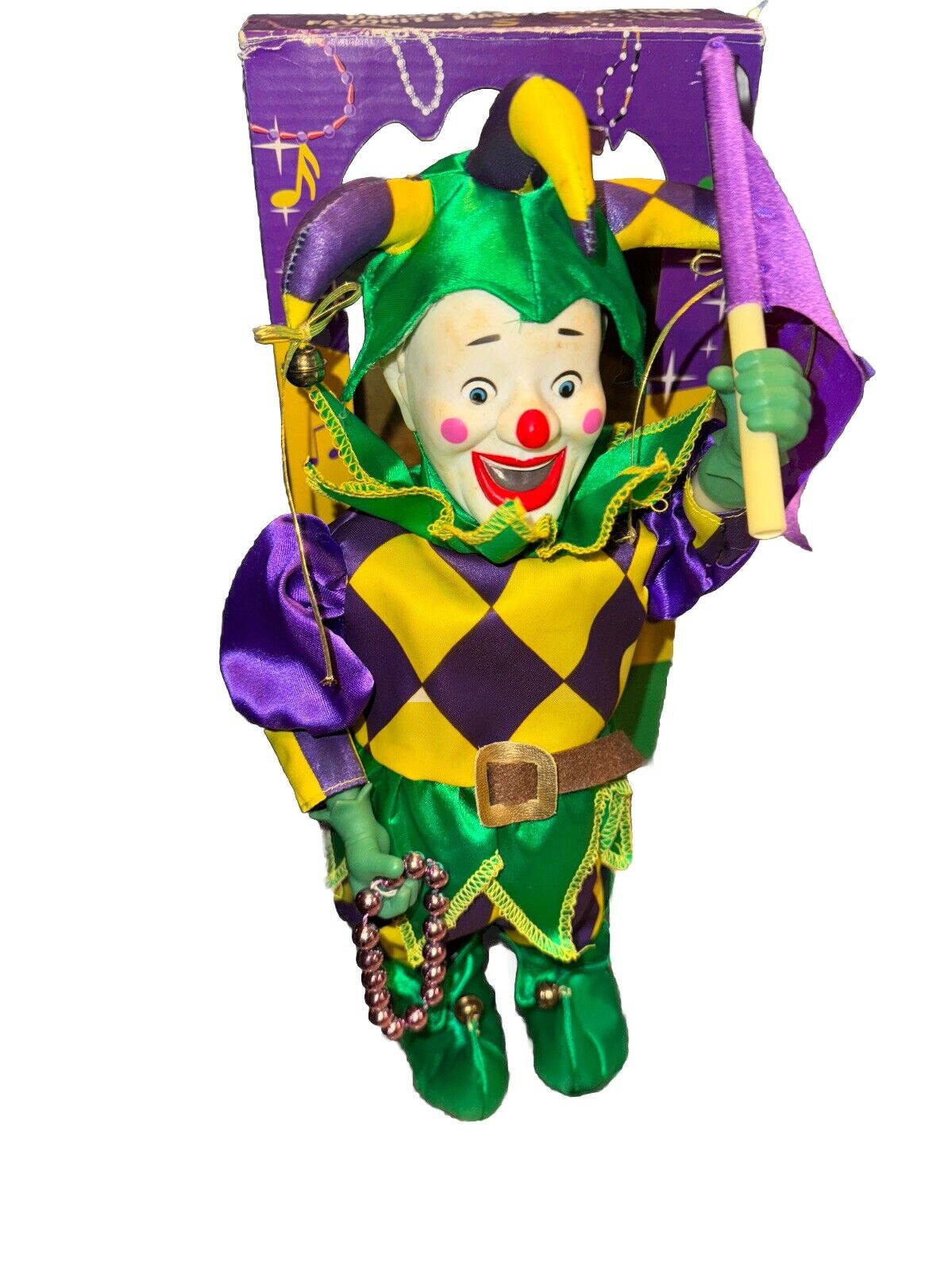 Vintage Realistic Animation Jester Plays Mardi Gras Music In Beautiful Costume